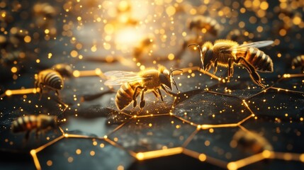 Golden bees on a honeycomb structure with glowing particles