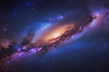 Fototapeta premium A vibrant spiral galaxy with a bright yellow core and purple dust lanes.