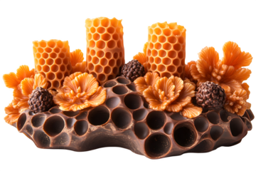 Gilded chocolate sculpture with honeycomb scaffolding, Baroque pastry art isolated on white