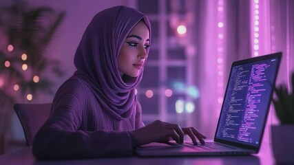 Code Weaver: A focused woman wearing a hijab is deeply immersed in coding on a laptop, illuminated by a soft violet glow. - Powered by Adobe