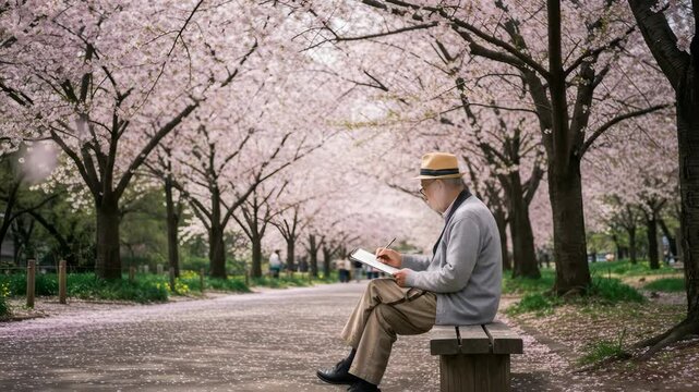 Elderly asian man relaxing and painting outdoors with a brush on a digital tablet in a cherry blossom park in springtime, footage.
