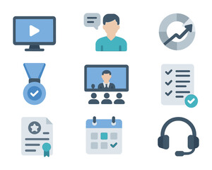Digital Training Icons. Flat icon set of employee digital training: e-learning module, virtual instructor,