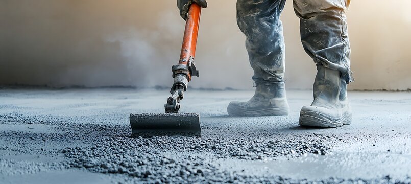 Worker operating jackhammer on concrete slab with ample space for branding on the side