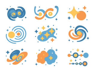 Galactic Collision Icons. Flat icon set of galactic collisions and mergers: colliding galaxies, tidal tail,