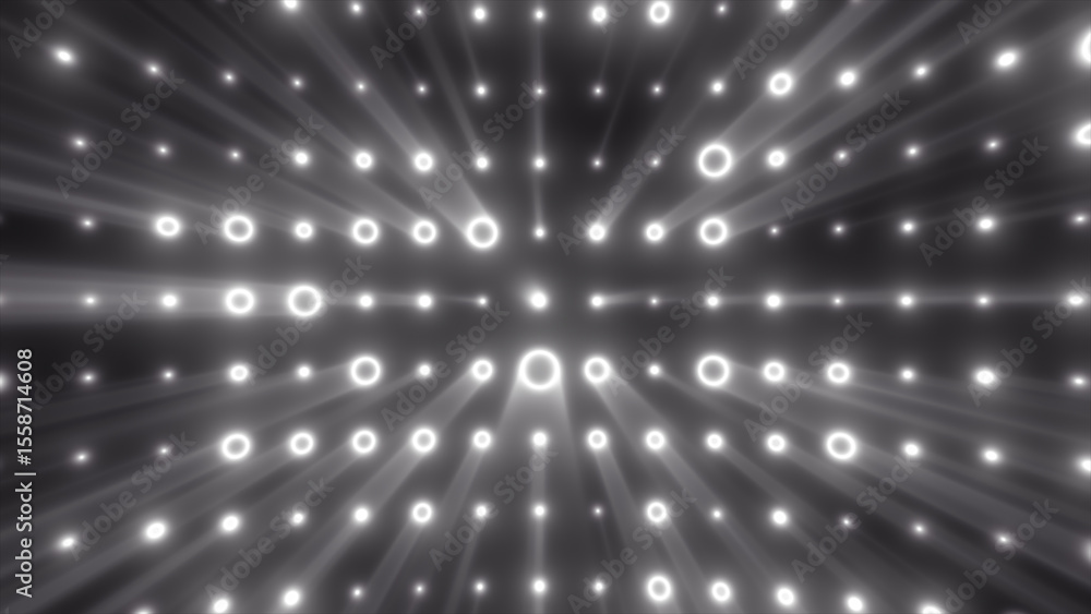 Poster glowing white dots and rings form a high-tech tunnel structure, with beams and blur effects creating