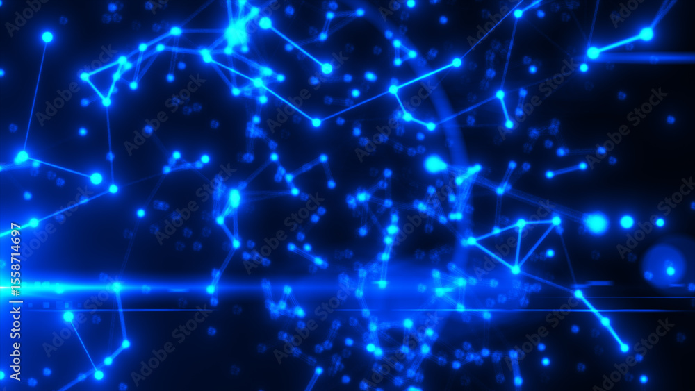 Poster abstract glowing network of blue nodes and connections forming a digital mesh over a dark futuristic