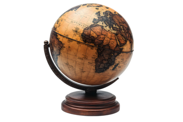 Globe with detailed continents mounted on a stand travel and education theme isolated on white background