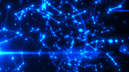 Fototapeta premium Abstract glowing network of blue nodes and connections forming a digital mesh over a dark futuristic background
