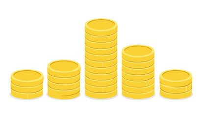 Bright gold coin piles of uneven height suggest statistical data growth and decline in a fun flat design; the large empty white canvas offers plenty of space to place marketing slogans, infographics