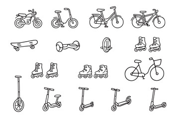 Hand drawn Personal transport and sport accessory for city driving. transport for kids and adults in doodle style. Vector 
