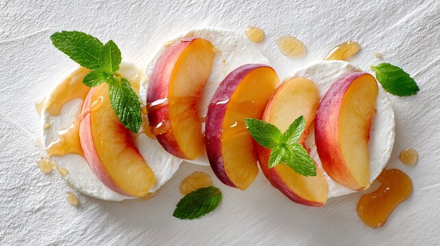 Flat lay of fresh peach slices, soft cheese, honey, and mint on white textured surface