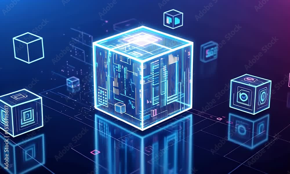 Poster abstract digital cube with glowing circuit lines
