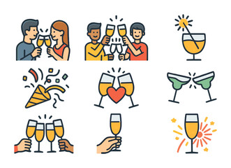 Naklejka premium Party Toast Icons. Flat icon set of party toast moments: couple toasting, friends raising glasses, sparkler in