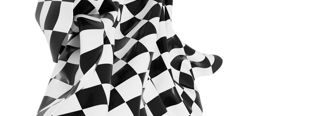 Black and white checkered flag fabric, abstract background,  draped texture, design element.