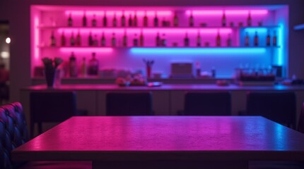 An empty table in the lounge area of a futuristic nightclub interior, a bar in purple and blue neon lights with free space for text, advertisements