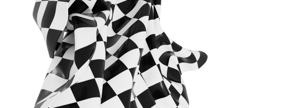 Black and white checkered flag fabric, abstract background,  draped texture, design element.