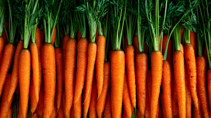 Vibrant orange carrots with lush green tops are lined up, showcasing their freshness and quality at the farm