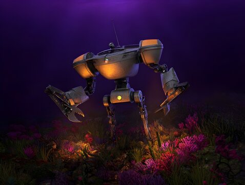 Futuristic Submersible Robot Exploring Coral Reefs, Bioluminescent Deep Ocean Trench, Sci-Fi Realism