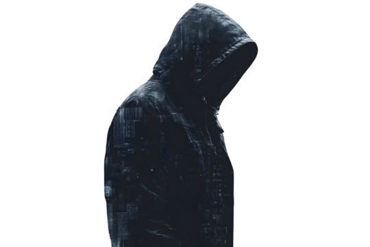 Hacker silhouette isolated on white background, cybersecurity concept