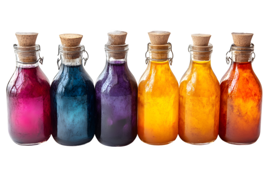Halloween potion bottles with dry ice effect, spooky apothecary isolated on white