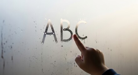 Small child finger tracing ABC letters on a condensation covered window