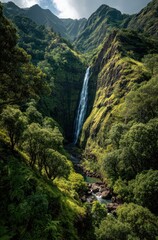 Majestic Waterfall Cascading Down Lush Green Mountains with Dramatic Cloudy Sky in the Background Captured in Vibrant Colors of Nature's Beauty