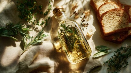 Flat lay of olive oil bottle, herbs, and toasted bread with warm light