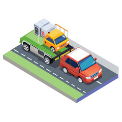 Robust tow truck hauling a disabled car vector art design 