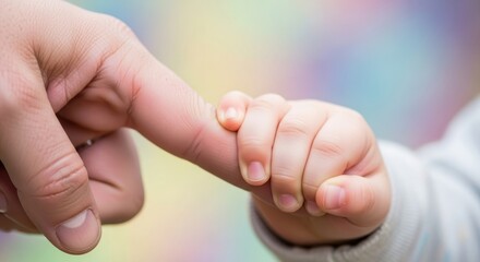 Close up of a baby small hand holding an adult finger tightly, symbolizing trust and care.