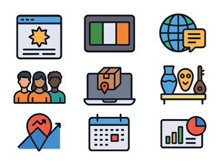 Multicultural Marketing Icons. Flat icon set of multicultural marketing: regional ad template, flag color