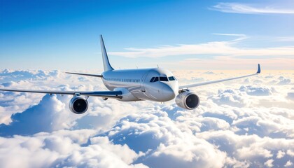 Obraz premium Photos of Airplane Flying Above White Clouds in Clear Blue Sky