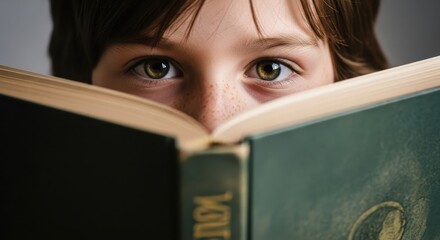 Child curious eyes peeking over an open book, immersed in reading and learning