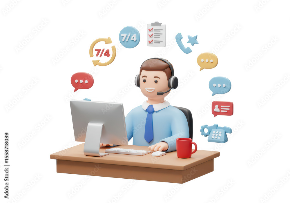 Poster customer service agent at desk with computer isolated on transparent background
