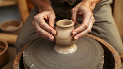 Close up of a potter's hands carefully shaping a small clay vase on a spinning pottery wheel in a workshop