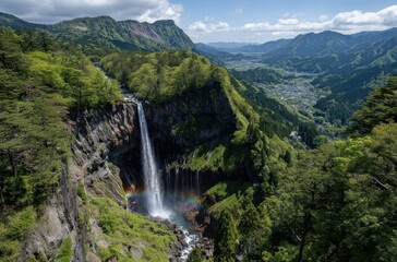 Obraz premium Majestic waterfall cascading down rocky cliffs surrounded by lush greenery under a bright blue sky with distant mountains visible in the background