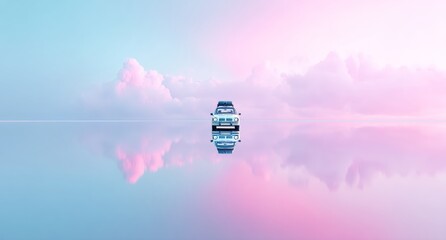On a reflective flat surface, a vintage car with a luggage rack on it is being driven under a sky filled with vibrant pink and blue clouds
