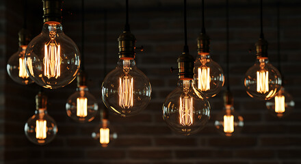 Obraz premium Glowing Edison Bulbs with Visible Filaments Hanging from Ceiling.