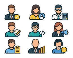 Workplace Role Icons. Flat icon set of workplace roles: manager, HR specialist, accountant, designer,