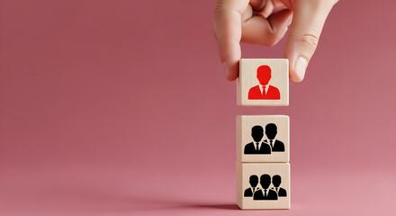 Hand Stacking Blocks with Leader and Team Icons, Leadership Hierarchy, Human Psychology Authority Role, Team Management Focus