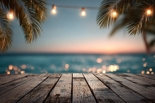 Tropical neach deck with string lights of garlands and Palm Fronds
