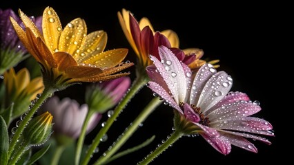 Fototapeta premium Fresh Spring Flowers with Water Drops on Black Background – 4K Ultra HD Close-Up (Ideal for Wallpaper, Background