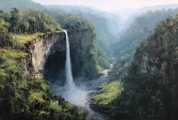 Obraz premium Majestic Waterfall Cascading Down Steep Cliff Surrounded by Lush Green Forest in Serene Landscape with Mist Rising from Splash Below