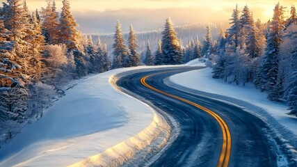 Scenic winding road through snowy winter forest illuminated by warm sunset light peaceful travel and nature landscape video icy highway in cold season
- Powered by Adobe
