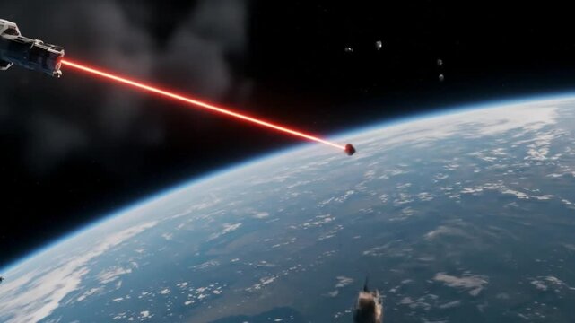 Laser weapon from space satellite firing on Earth target with red beam in high-tech futuristic battle