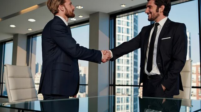 Businessmen shaking hands in bright modern office highlight cooperation trust partnership successful business deal new beginnings mutual respect professional ethos