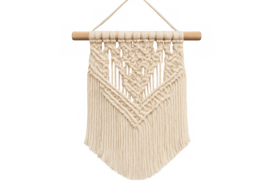 Macrame wall decor hanging from a wooden dowel, isolated on transparent background, adds a touch of bohemian style