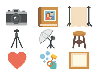 Family Portrait Session Icons. Flat icon set of family portrait session props: vintage camera, photo album,