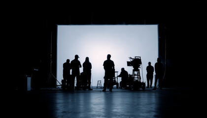 Silhouetted film crew on busy studio set with lighting rigs, cameras, and white screen backdrop—cinematic soundstage scene capturing behind-the-scenes teamwork and filmmaking atmosphere