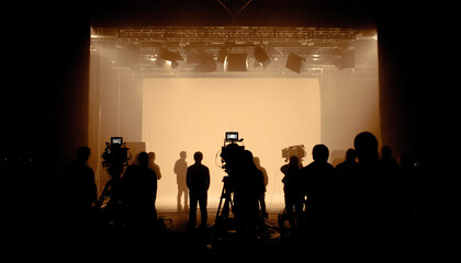 Silhouetted film crew on busy studio set with lighting rigs, cameras, and white screen backdrop—cinematic soundstage scene capturing behind-the-scenes teamwork and filmmaking atmosphere