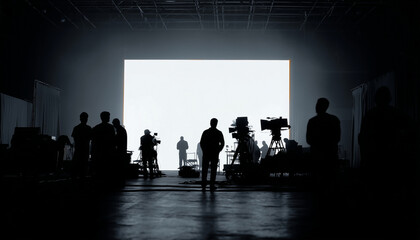 Silhouetted film crew on busy studio set with lighting rigs, cameras, and white screen backdrop—cinematic soundstage scene capturing behind-the-scenes teamwork and filmmaking atmosphere
